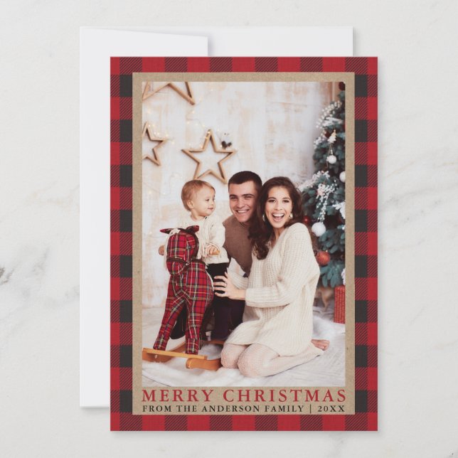 Red Plaid Family Photo Merry Christmas Kraft Holiday Card (Front)