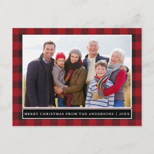 Red Plaid Family Photo Merry Christmas Postcard