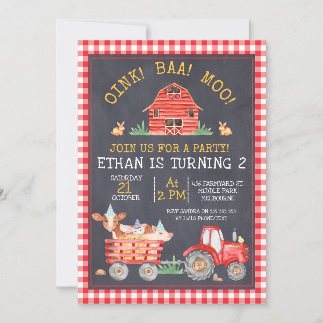 Red Plaid Farm Tractor Chalkboard Birthday Invitation (Front)