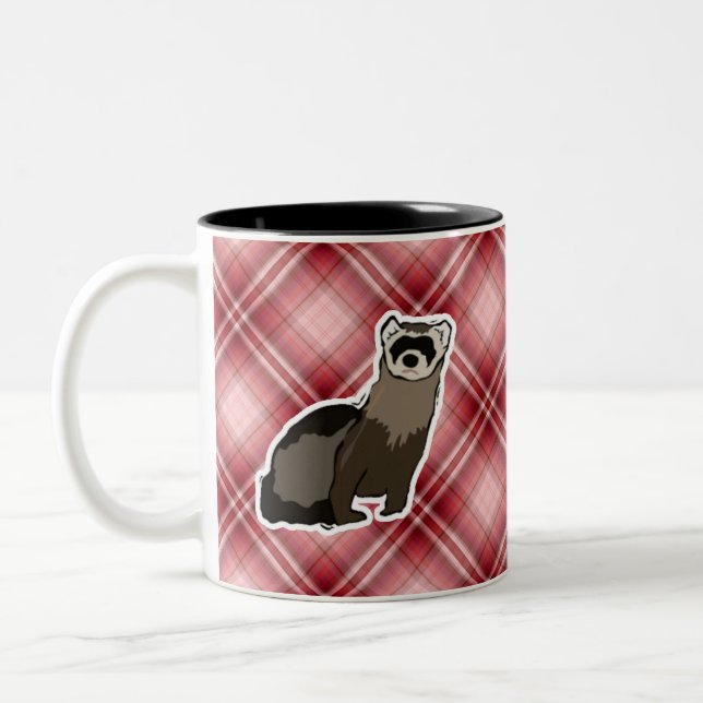 Red Plaid Ferret Two-Tone Coffee Mug (Left)