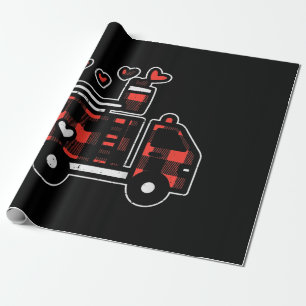 Red Plaid Fire Truck Valentines Day Firefighter Wrapping Paper
