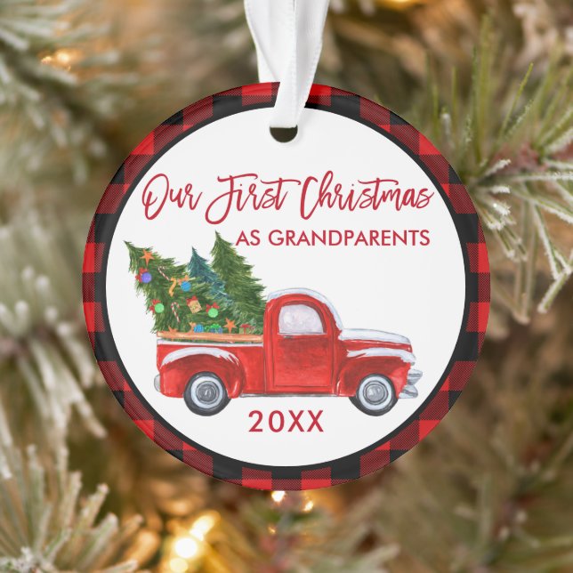 Red Plaid First Christmas as Grandparents Truck Ornament (Tree)