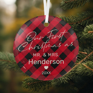 Red Plaid First Christmas Mr & Mrs Glass Tree Decoration