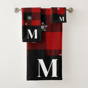 Red Plaid Flannel Custom Monogram Winter Bath Towel Set