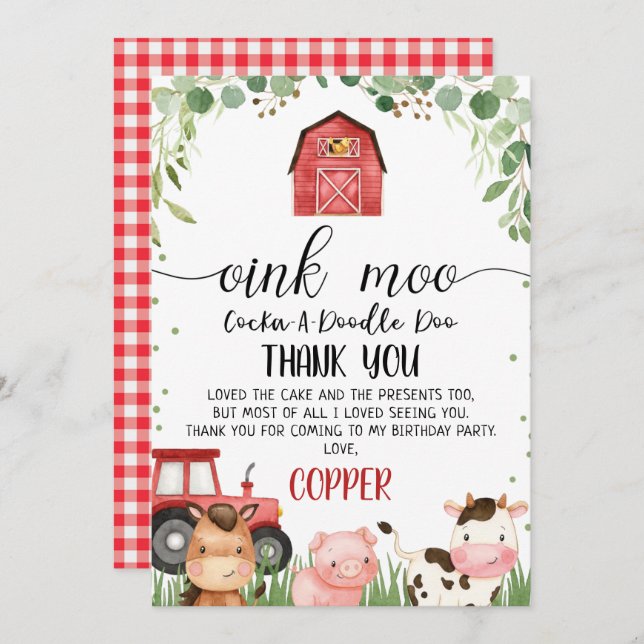 Red Plaid Foliage Farm Birthday Thank You Card (Front/Back)