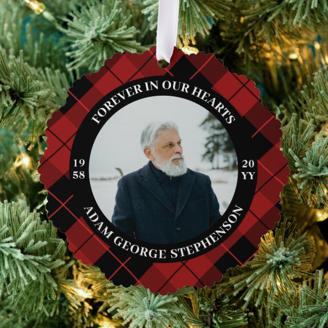 Red Plaid Forever In Our Hearts Photo Tree Decoration Card (Insitu (Tree))