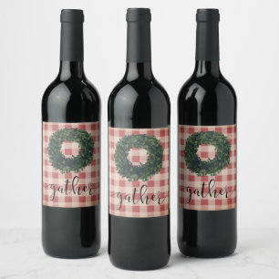 Red Plaid Gather Script Wreath Wine Label