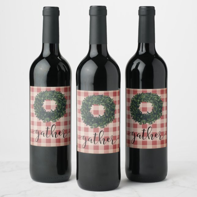 Red Plaid Gather Script Wreath Wine Label (Bottles)