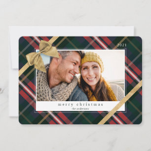 Red Plaid Gift Wrapped & Gold Bow Present Photo Holiday Card