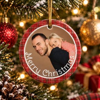 Red Plaid Gingham Family Photo Merry Christmas Ceramic Ornament
