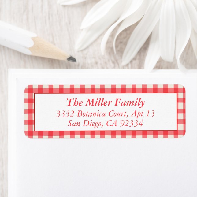 Red Plaid Gingham Festive Return Address Label (Insitu)