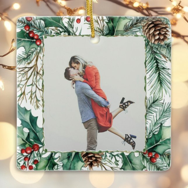 Red Plaid Gingham photo 1st Christmas Married Ceramic Ornament (Creator Uploaded)