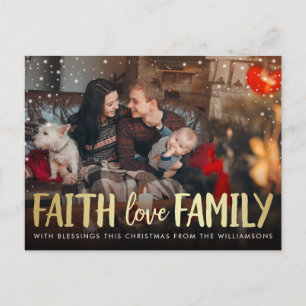 Red Plaid & Gold Faith Love Family Christmas Photo Holiday Postcard