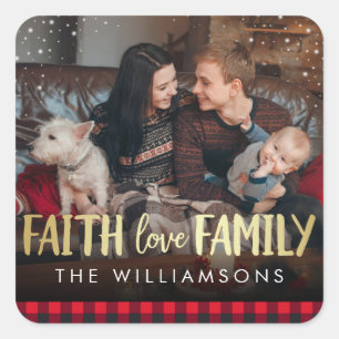 Red Plaid & Gold Faith Love Family Christmas Photo Square Sticker