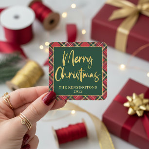 Red Plaid Gold Foil Script Merry Christmas Square Sticker