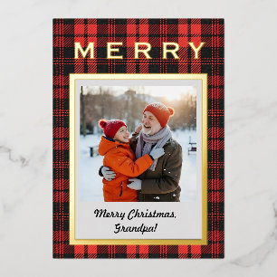 Red Plaid Gold Grandpa Photo Cosy But Elegant Foil Holiday Card