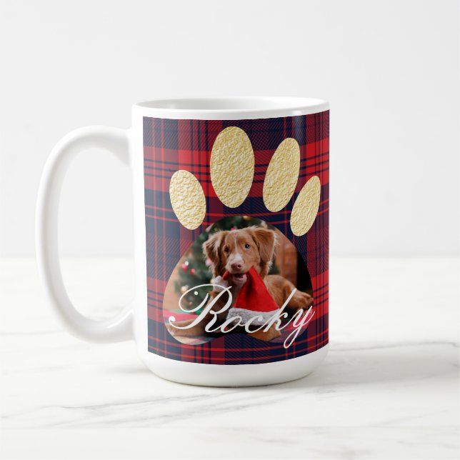 Red Plaid & Gold Pet Paw Print Photo & Snowflakes Coffee Mug (Left)