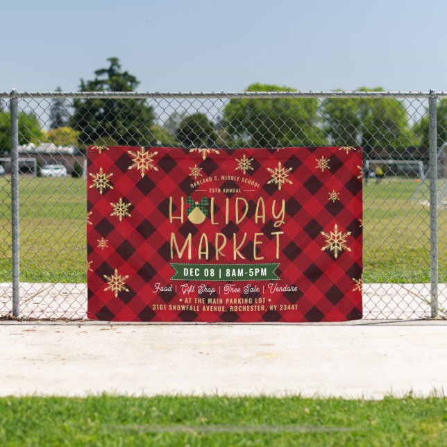 Red Plaid Gold Snowflake Holiday Market Banner (Insitu)