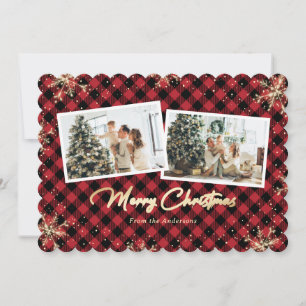 Red Plaid Gold Snowflake Photo Christmas Cards