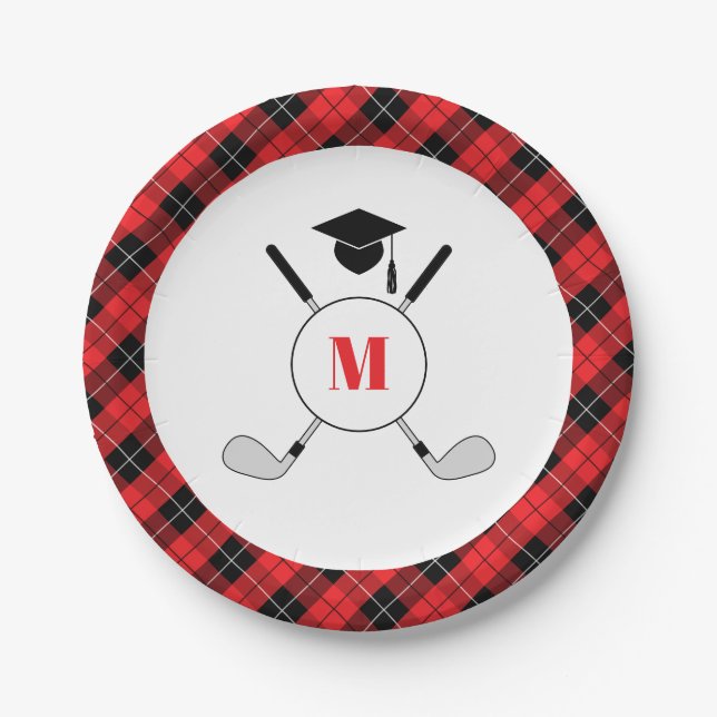 Red Plaid Golf Themed Graduation Party Paper Plate (Front)