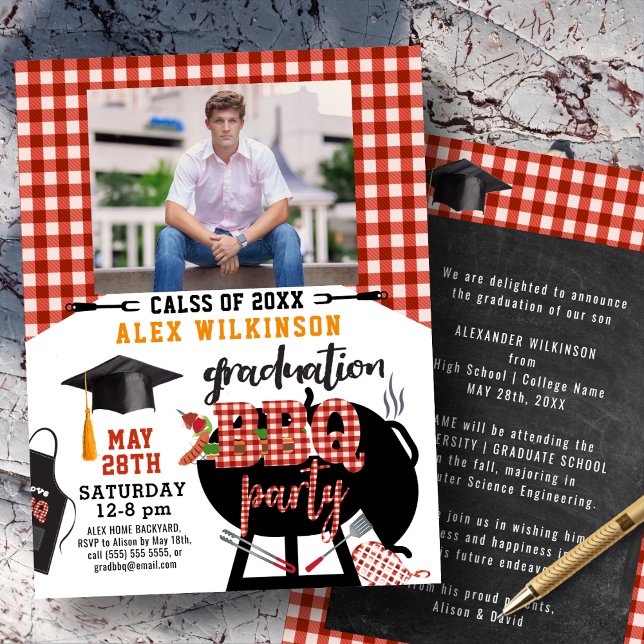 Red Plaid Graduation BBQ Party Photo Invitation (Creator Uploaded)