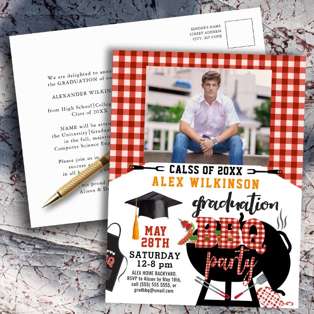 Red Plaid Graduation BBQ Party Photo Invitation Postcard (Creator Uploaded)