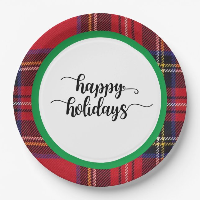 Red Plaid Green Christmas Holidays Party Supplies  Paper Plate (Front)