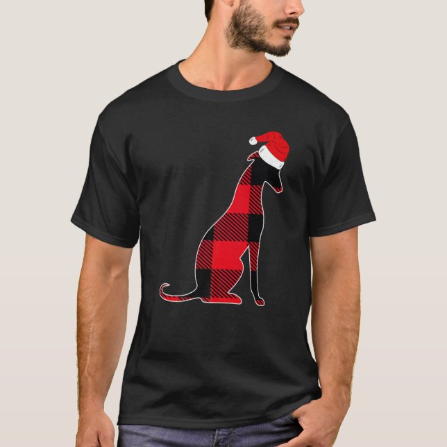 Red Plaid Greyhound Santa Hat Christmas Pajama Fam T-Shirt (Front)