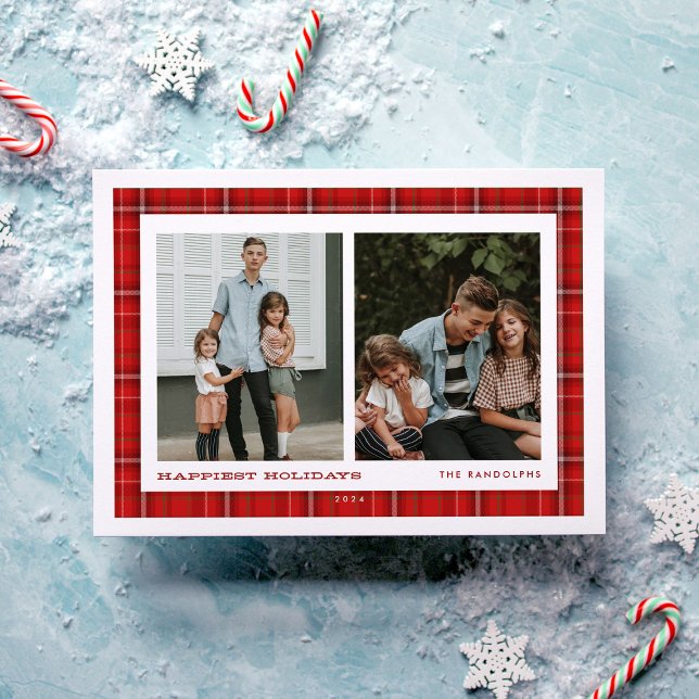 Red Plaid Happiest Holidays Double Photo Holiday Card (Creator Uploaded)