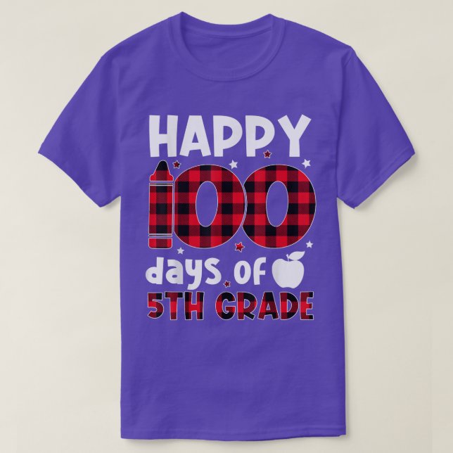 Red Plaid Happy 100th Day Of 5th Grade Teacher Stu T-Shirt (Design Front)