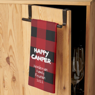 Red Plaid Happy Camper Family Reunion  Tea Towel