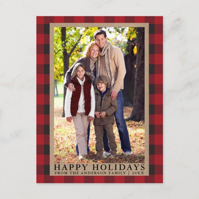 Red Plaid Happy Holidays Kraft Family Photo  Postcard (Front)