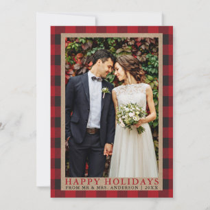 Red Plaid Happy Holidays Wedding Photo Kraft Holiday Card