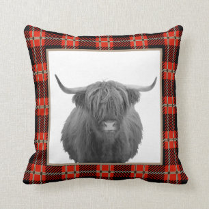 Red Plaid Highland Cow Cabin Mountain Lodge  Cushion
