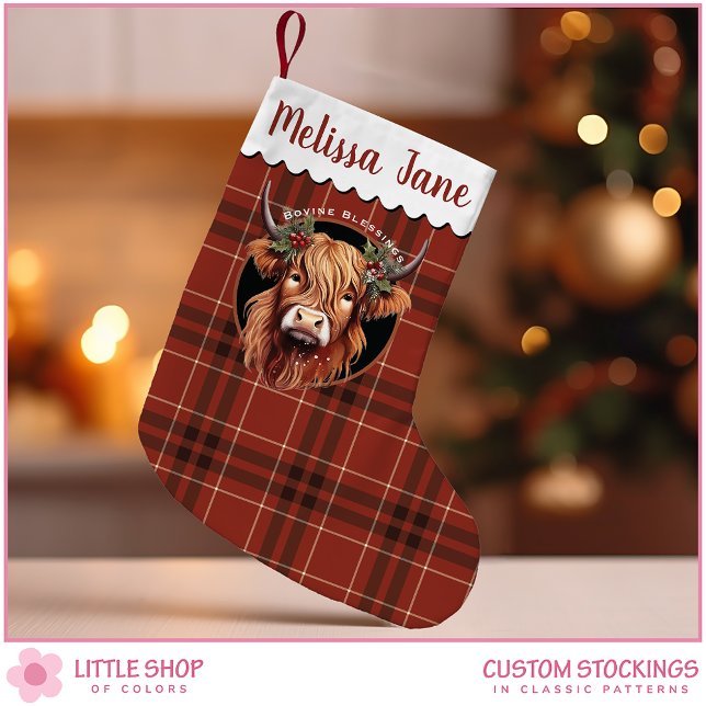 Red Plaid Highland Cow Monogram Small Christmas Stocking (Creator Uploaded)