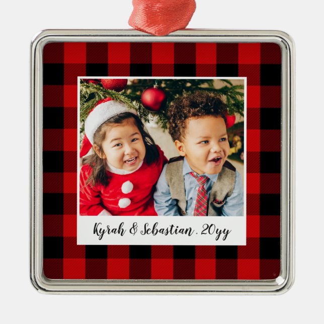 Red Plaid Holiday Metal Ornament (Front)