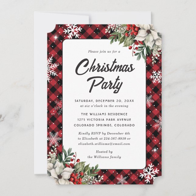 Red Plaid Holly Berries Poinsettia Christmas Party Invitation (Front)