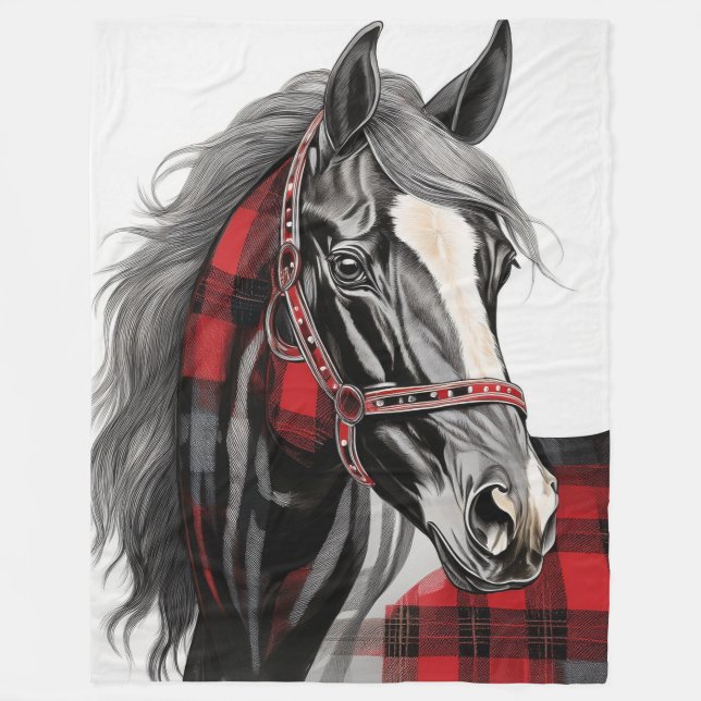 Red Plaid Horse  Fleece Blanket (Front)