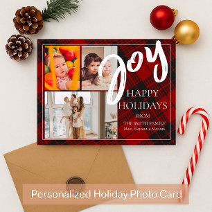 Red Plaid Joy Christmas Family Greeting Photo Holiday Postcard