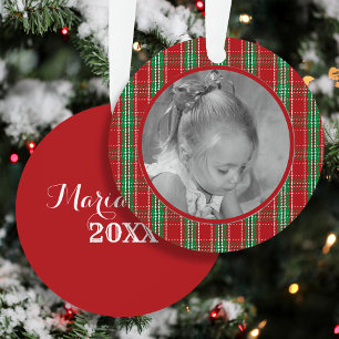 Red Plaid Kids Photo Personalised Christmas Metal Tree Decoration