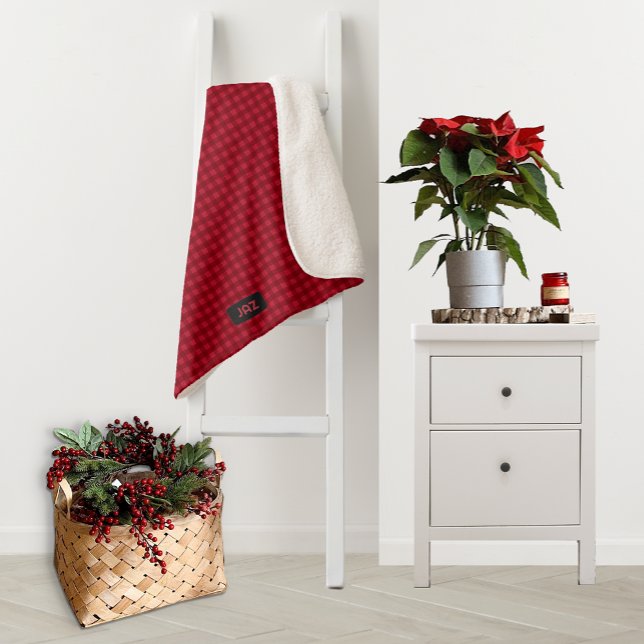 Red Plaid Knit Effect - Knitting with Own Initials Sherpa Blanket (Creator Uploaded)