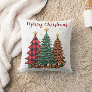 red plaid & leopard merry christmas tree cushion
