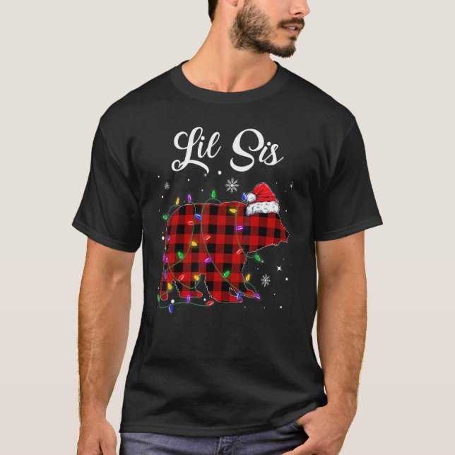 Red Plaid Lil Sis Bear Matching Family Christmas P T-Shirt (Front)