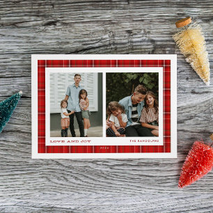 Red Plaid Love and Joy Double Photo Holiday Card