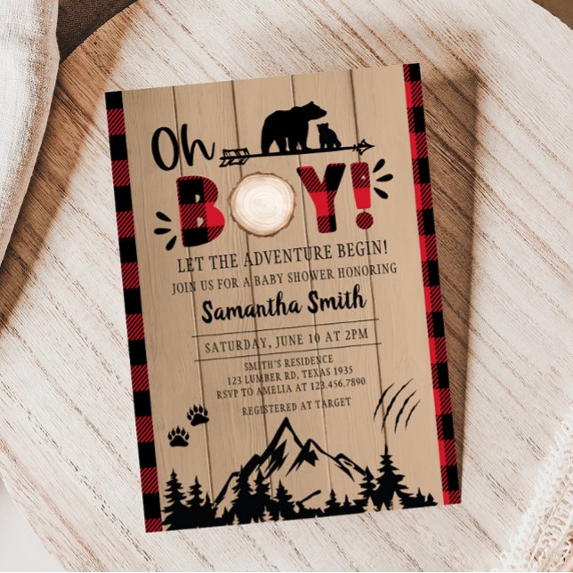 Red Plaid Lumberjack Baby Shower Invitation (Red Plaid Bear Baby Shower Invitation)