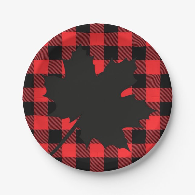 Red Plaid Maple Leaf silhouette Paper Plate (Front)