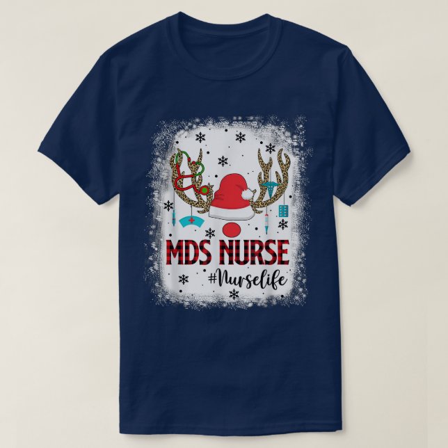 Red Plaid MDS Nurse Reindeer Christmas Pajama Nurs T-Shirt (Design Front)
