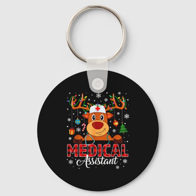 Red Plaid Medical Istant Nurse Reindeer Christmas  Key Ring (Front)
