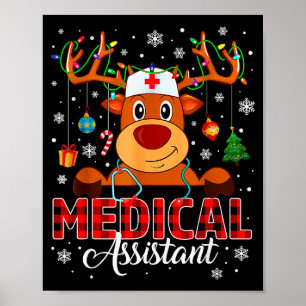 Red Plaid Medical Istant Nurse Reindeer Christmas  Poster