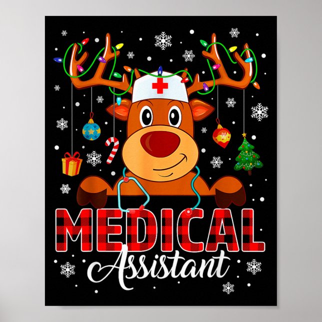 Red Plaid Medical Istant Nurse Reindeer Christmas  Poster (Front)